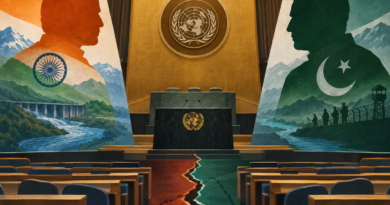 Conceptual illustration of India and Pakistan facing each other across a divided United Nations assembly chamber.