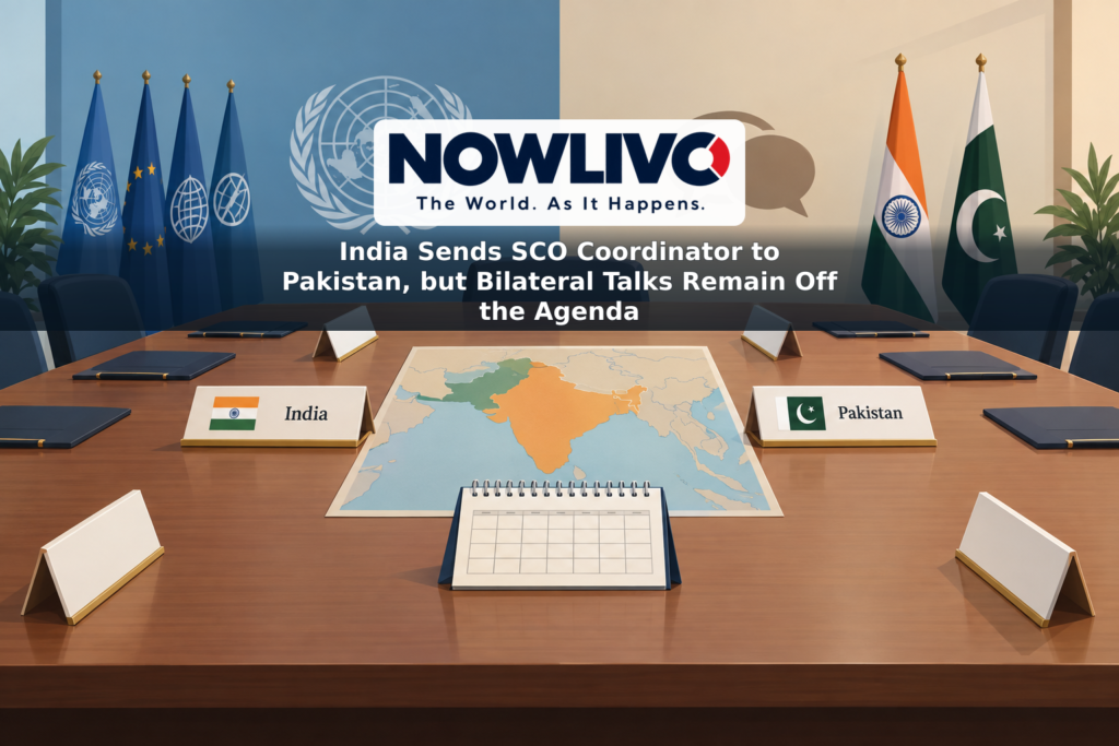 Conceptual illustration of India and Pakistan nameplates at a wider regional meeting table, with a calendar representing SCO planning.