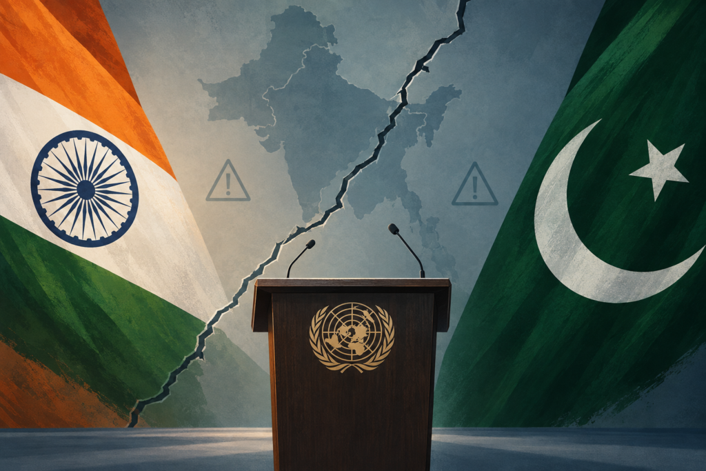 Conceptual illustration of the Indian and Pakistani flags divided by a fractured line beside a United Nations lectern.