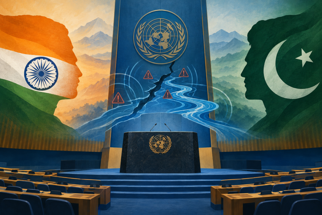 Conceptual illustration of India and Pakistan facing each other across a UN podium, with abstract security and river-dispute symbols between them.