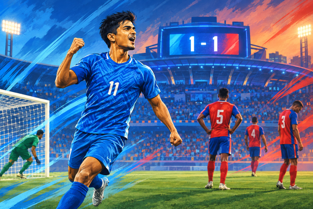 Editorial illustration of an Indian footballer celebrating during a 1-1 international draw against Panama in Bengaluru.