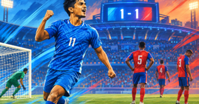 Editorial illustration of an Indian footballer celebrating during a 1-1 international draw against Panama in Bengaluru.