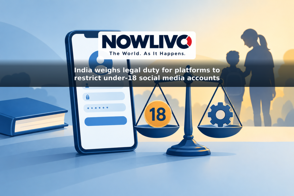 Illustration of a social media sign-up screen, an age-18 symbol and a balance scale, with a parent and child in the background.
