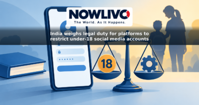 Illustration of a social media sign-up screen, an age-18 symbol and a balance scale, with a parent and child in the background.