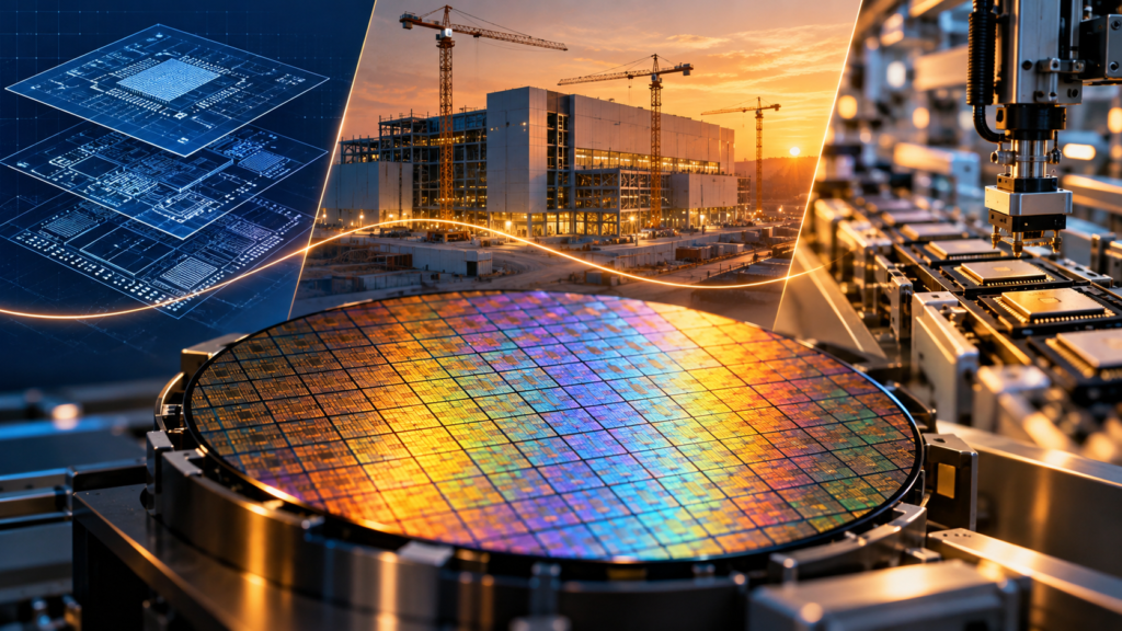 Editorial illustration of a silicon wafer, chip design blueprint, factory under construction and packaging equipment