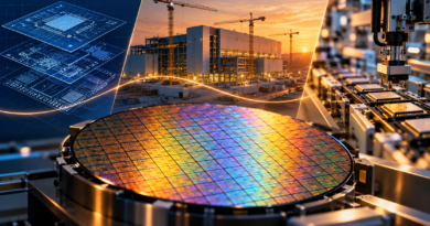 Editorial illustration of a silicon wafer, chip design blueprint, factory under construction and packaging equipment