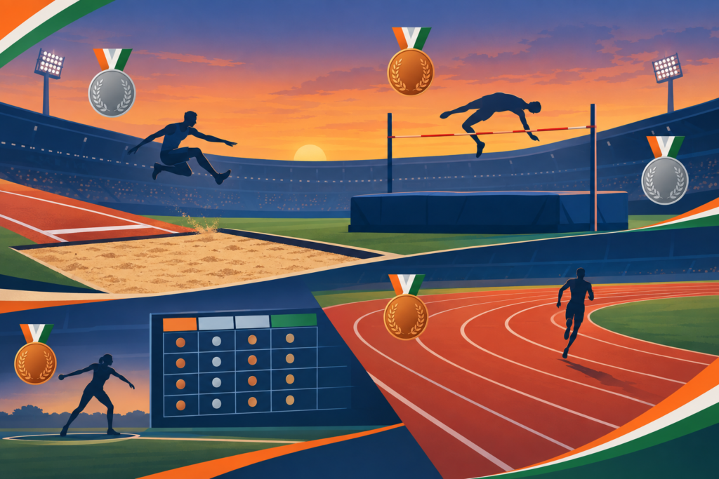 Conceptual illustration of long jump, high jump, track racing and decathlon, with two silver and three bronze medal symbols.
