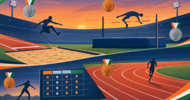 Conceptual illustration of long jump, high jump, track racing and decathlon, with two silver and three bronze medal symbols.