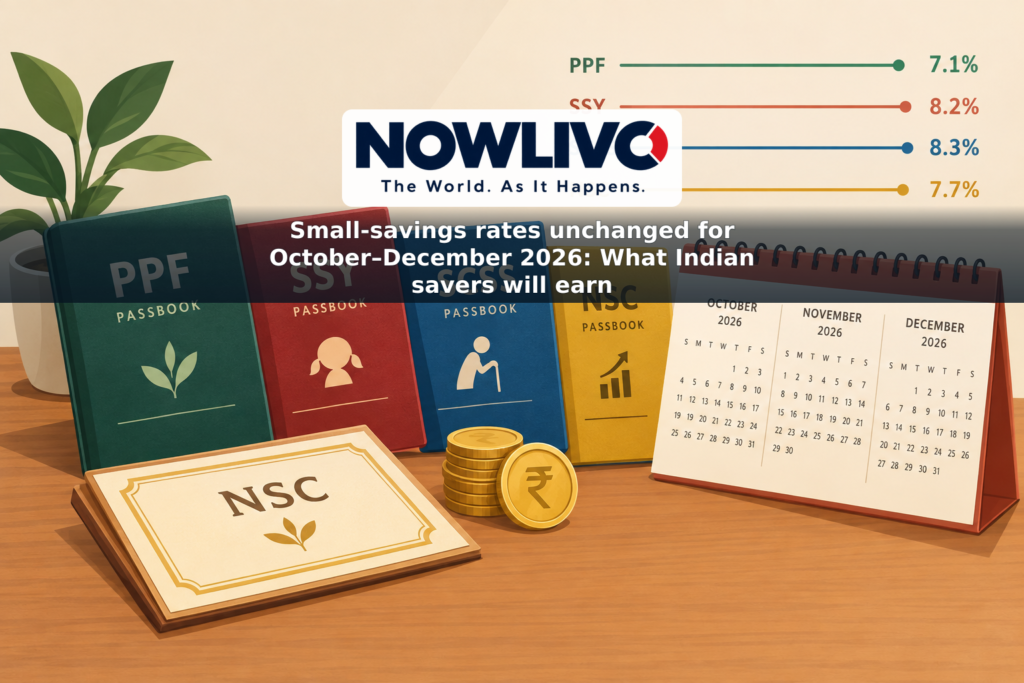Illustration of Indian small-savings passbooks beside an October–December 2026 calendar and unchanged interest-rate lines.