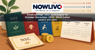 Illustration of Indian small-savings passbooks beside an October–December 2026 calendar and unchanged interest-rate lines.