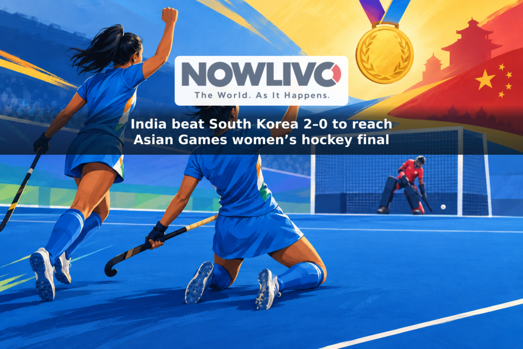 Illustration of anonymous Indian women’s hockey players celebrating on a stylized pitch, with a gold-medal motif representing the upcoming final against China.