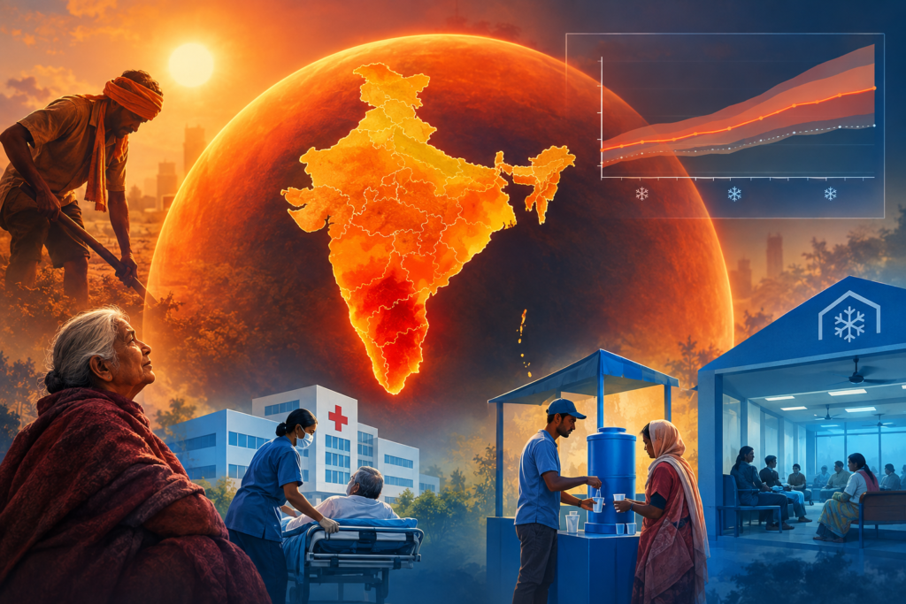 Conceptual illustration of India beneath a heat dome with a forecast graph, regional temperature exposure and symbols for vulnerable people and heat-response measures.