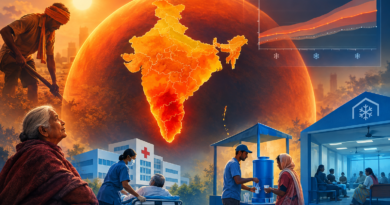 Conceptual illustration of India beneath a heat dome with a forecast graph, regional temperature exposure and symbols for vulnerable people and heat-response measures.