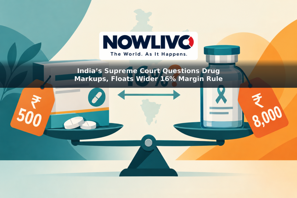 Conceptual illustration of medicine packaging, contrasting price tags and a balance scale beneath a 16% question mark.