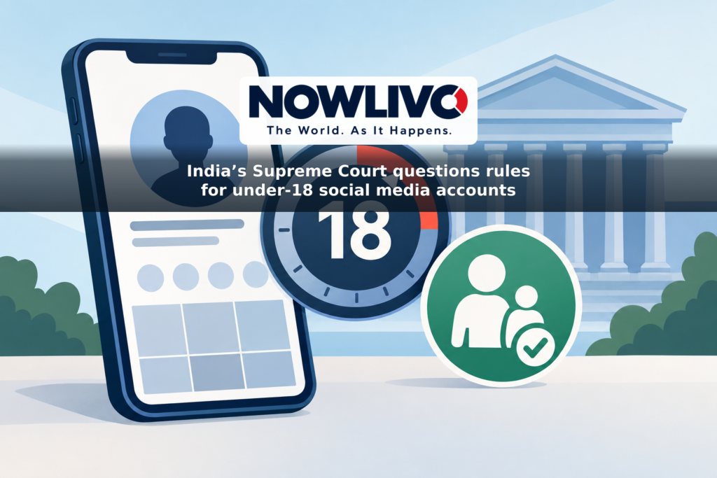Illustration of a social media account, an 18-year age marker, a parent-approval symbol and a courthouse outline.