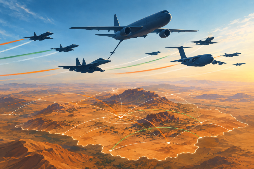 Conceptual illustration of Indian and international military aircraft flying in coordinated formations over a stylised Rajasthan desert.