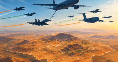 Conceptual illustration of Indian and international military aircraft flying in coordinated formations over a stylised Rajasthan desert.