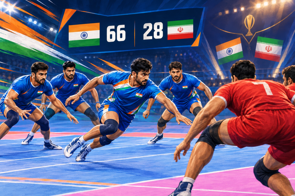 Illustration of Indian kabaddi players celebrating a dominant 66-28 Asian Games semi-final victory over Thailand.