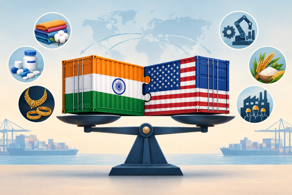 Illustration of Indian and American shipping containers balanced on a tariff scale with symbols for major trade sectors.