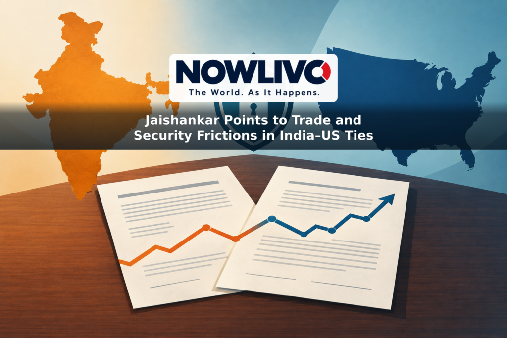 Illustration of unsigned India–US trade papers, an uncertain tariff line and a separate security shield.