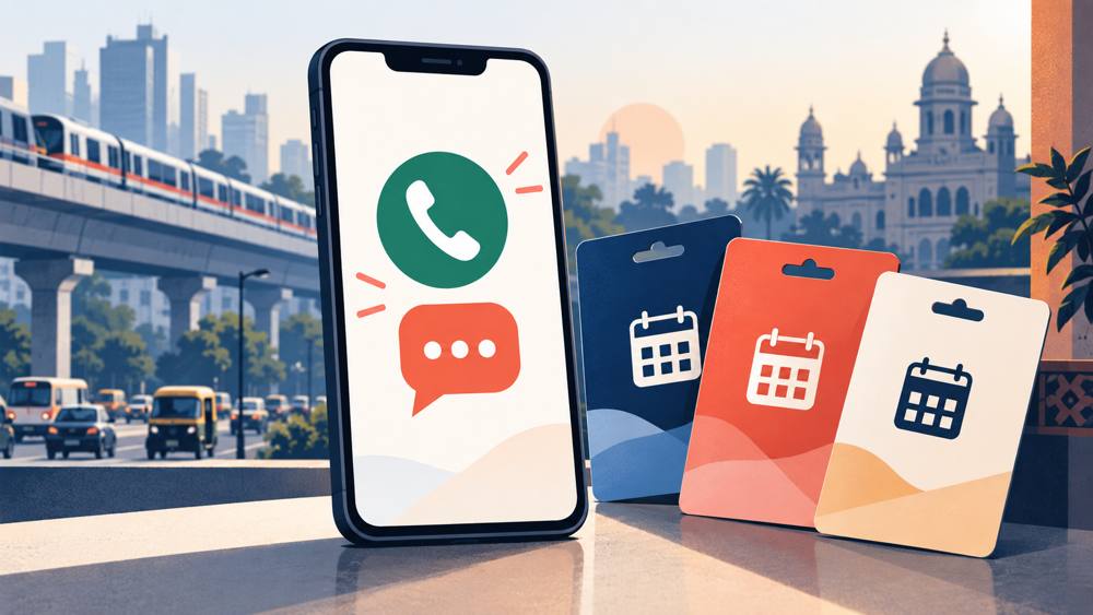 Illustration of mobile call and message icons beside different prepaid plan durations
