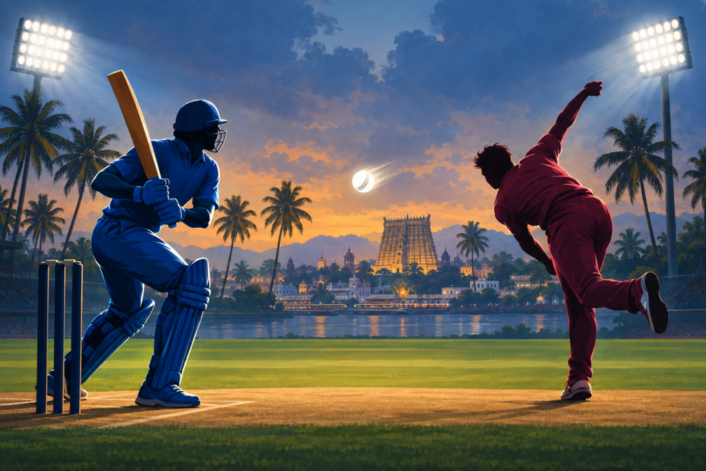 Editorial illustration of blue and maroon cricket players facing each other under floodlights in a Kerala stadium setting.