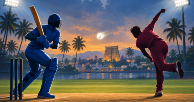 Editorial illustration of blue and maroon cricket players facing each other under floodlights in a Kerala stadium setting.