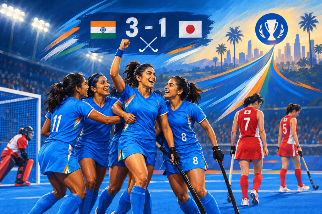 Illustration of Indian women’s hockey players celebrating a 3-1 victory over Japan as a pathway leads toward the Asian Games semifinals.