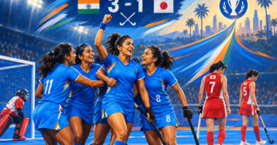 Illustration of Indian women’s hockey players celebrating a 3-1 victory over Japan as a pathway leads toward the Asian Games semifinals.