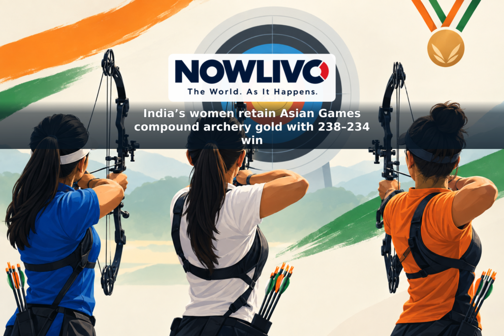 Conceptual illustration of three women with compound bows facing a target marked 238, with subtle Indian tricolor accents.