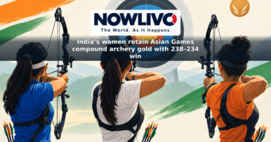 Conceptual illustration of three women with compound bows facing a target marked 238, with subtle Indian tricolor accents.