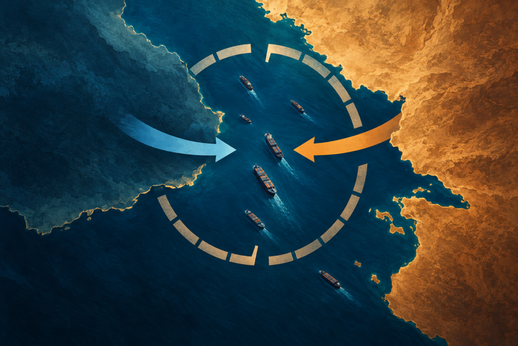 Conceptual map of the Strait of Hormuz with cargo ships, a broken seven-day calendar ring and opposing arrows representing stalled negotiations.