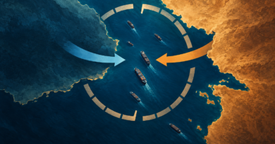 Conceptual map of the Strait of Hormuz with cargo ships, a broken seven-day calendar ring and opposing arrows representing stalled negotiations.