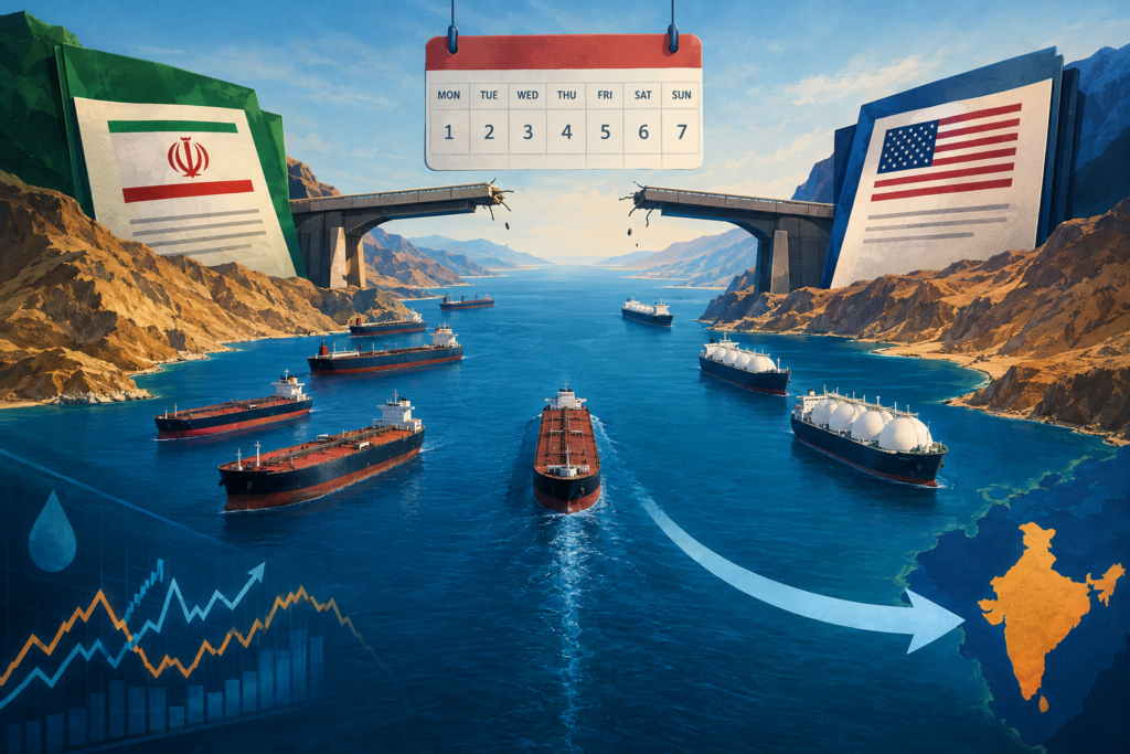 Conceptual illustration of tankers near the Strait of Hormuz, a seven-day calendar and separated US-Iran diplomatic documents, with a shipping route pointing toward India.