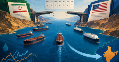 Conceptual illustration of tankers near the Strait of Hormuz, a seven-day calendar and separated US-Iran diplomatic documents, with a shipping route pointing toward India.