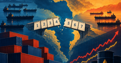 Conceptual illustration of tankers near the Strait of Hormuz, a broken seven-day diplomatic bridge and symbols of energy and global trade.