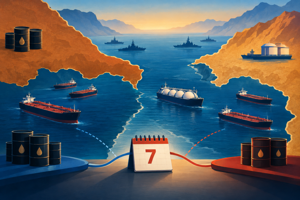 Conceptual illustration of tankers and naval vessels near a map of the Strait of Hormuz beside a seven-day calendar and energy symbols.