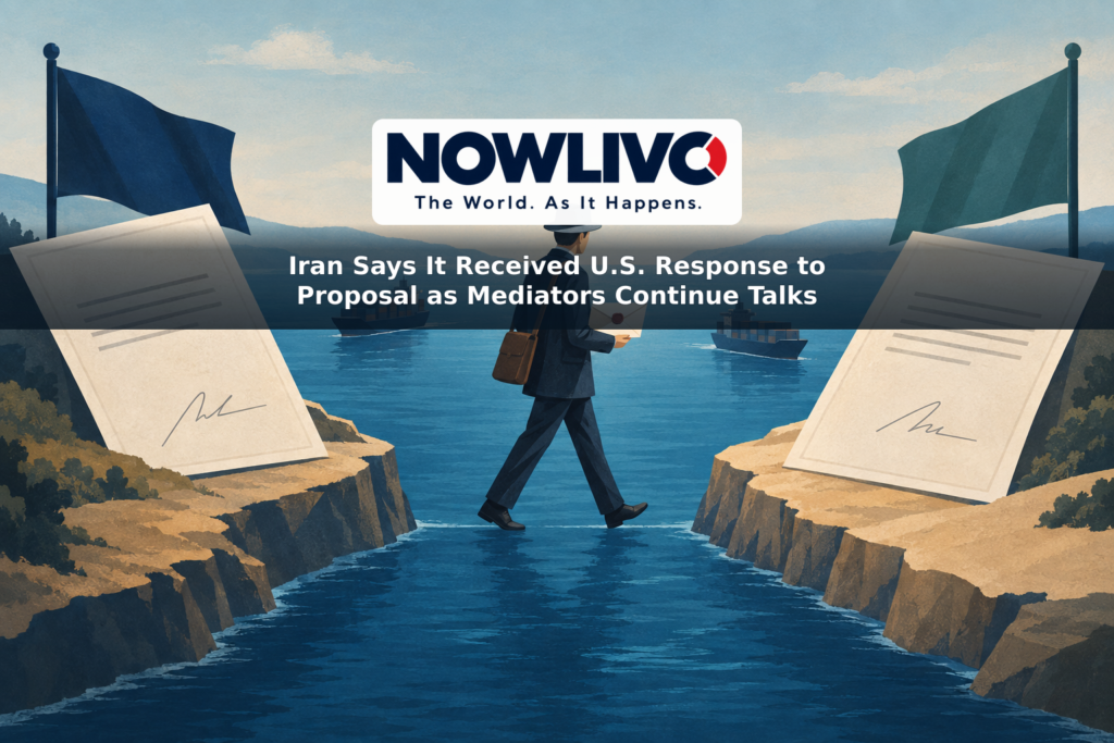 Illustration of a messenger carrying an envelope between opposing diplomatic papers beside a narrow shipping passage.