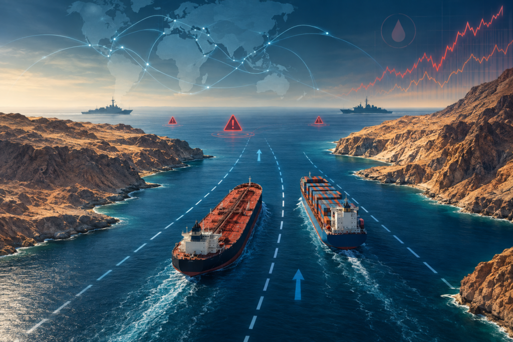 Editorial illustration of commercial ships and distant naval vessels converging near marked shipping lanes in the Strait of Hormuz.