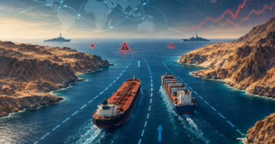 Editorial illustration of commercial ships and distant naval vessels converging near marked shipping lanes in the Strait of Hormuz.