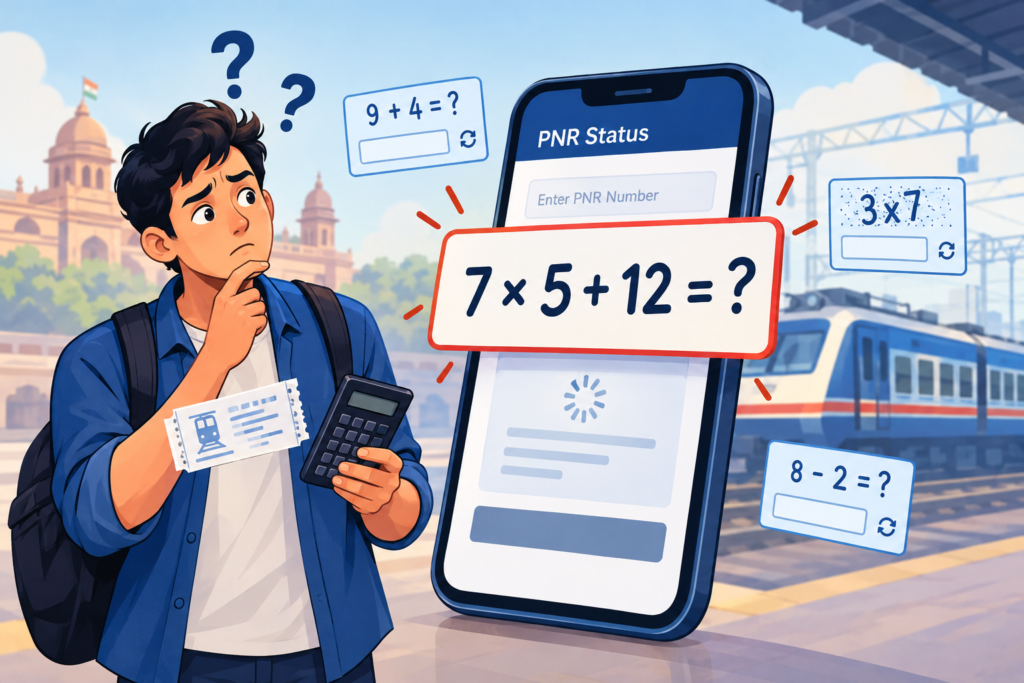 Illustration of a confused railway passenger facing an exaggerated mathematical CAPTCHA while trying to check PNR status on a phone.