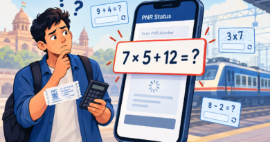 Illustration of a confused railway passenger facing an exaggerated mathematical CAPTCHA while trying to check PNR status on a phone.