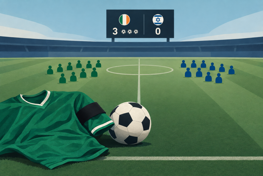 Illustration of a green football shirt with a black armband, a ball and a scoreboard showing Ireland 3, Israel 0.