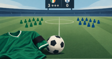 Illustration of a green football shirt with a black armband, a ball and a scoreboard showing Ireland 3, Israel 0.