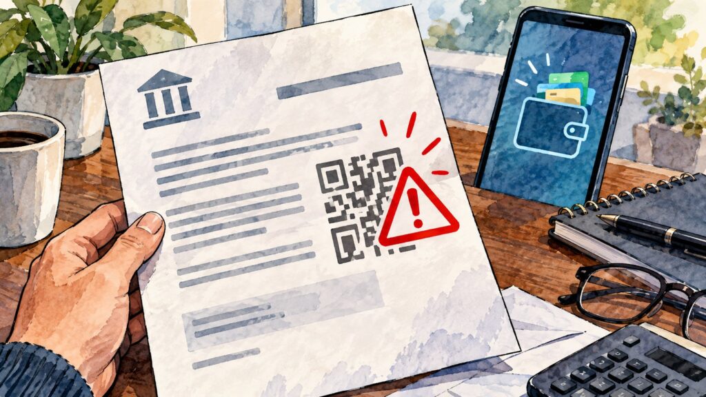 Editorial illustration of a suspicious fake tax letter with a non-scannable QR-style symbol beside a digital wallet