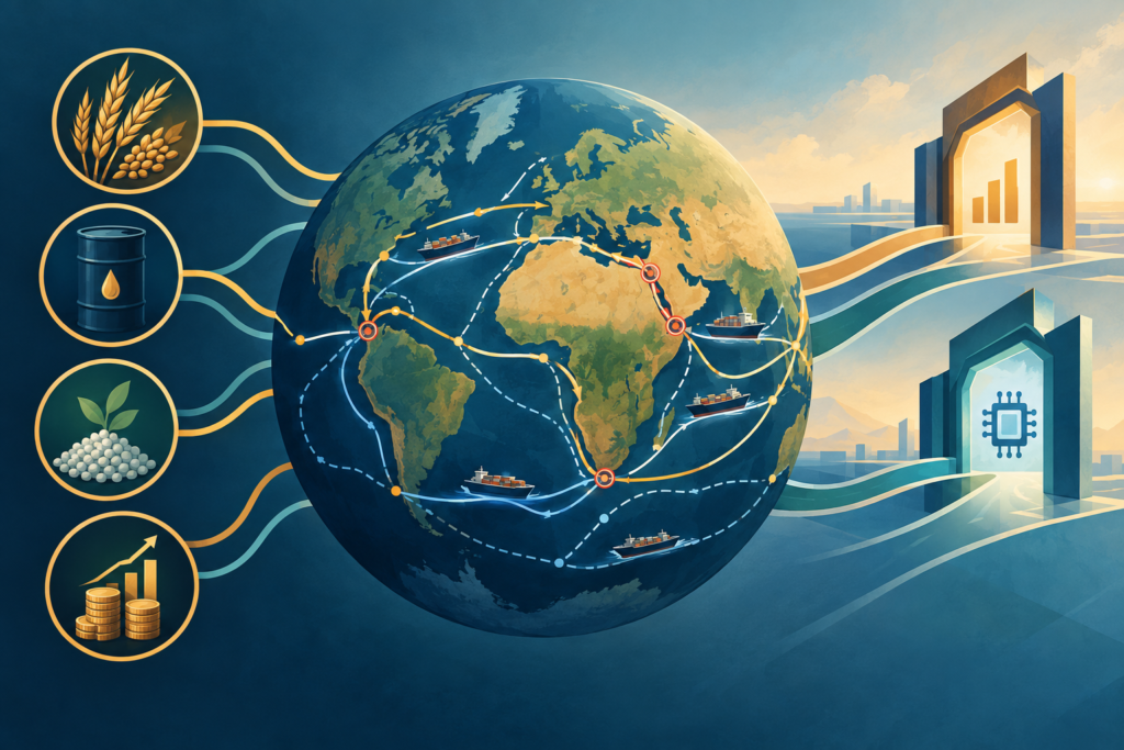 Illustrated globe with trade routes narrowing at chokepoints beside symbols for grain, fuel, fertiliser, finance and technology.