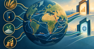 Illustrated globe with trade routes narrowing at chokepoints beside symbols for grain, fuel, fertiliser, finance and technology.
