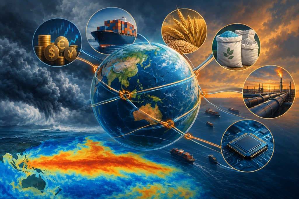 Conceptual illustration of a globe constrained by financial, trade, energy, food and technology supply-chain choke points beneath storm clouds.