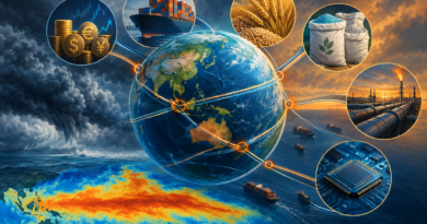 Conceptual illustration of a globe constrained by financial, trade, energy, food and technology supply-chain choke points beneath storm clouds.