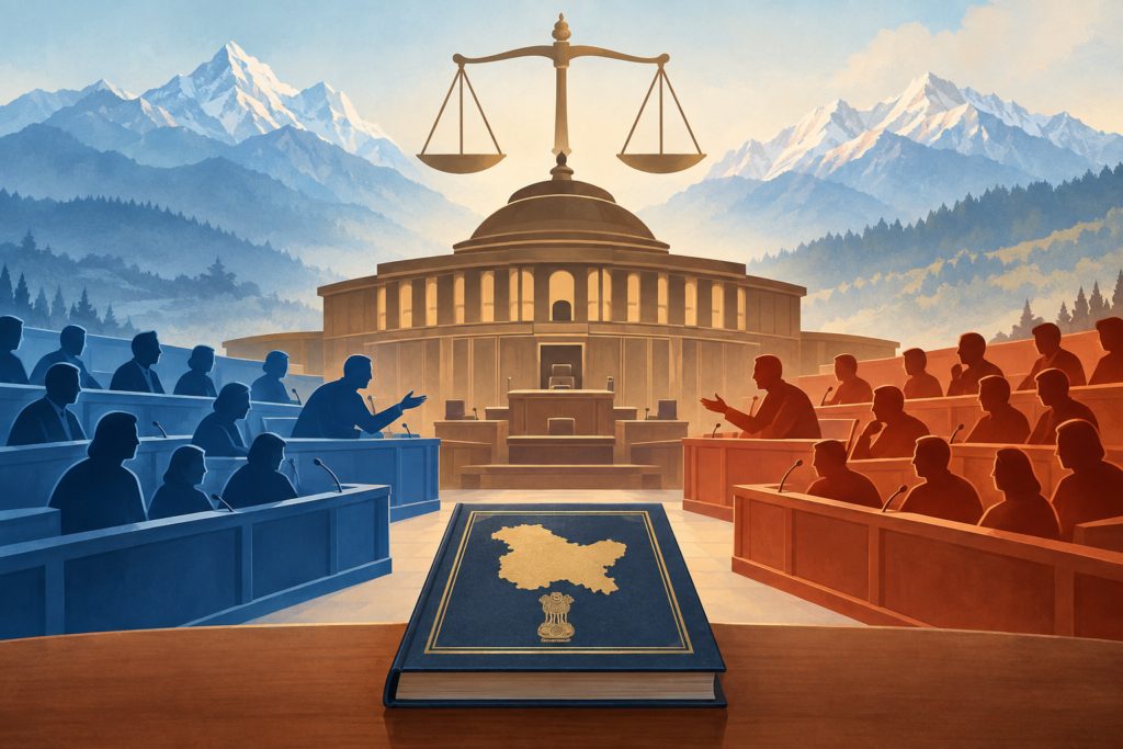 Conceptual illustration of the Jammu and Kashmir Assembly debating statehood, with a constitutional document, opposing benches and Himalayan contours.